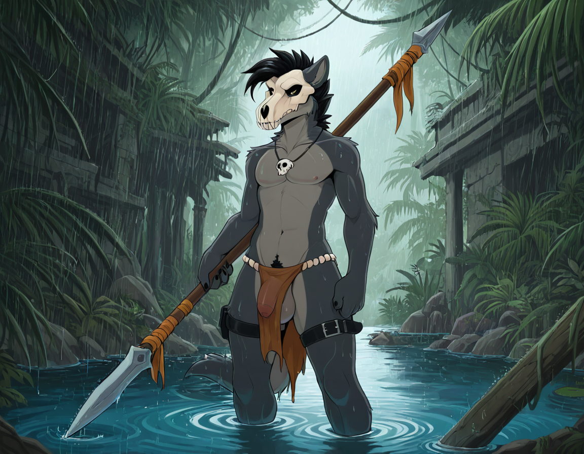 Raptor Warrior in Rainy Jungle Ruins Grey Skin