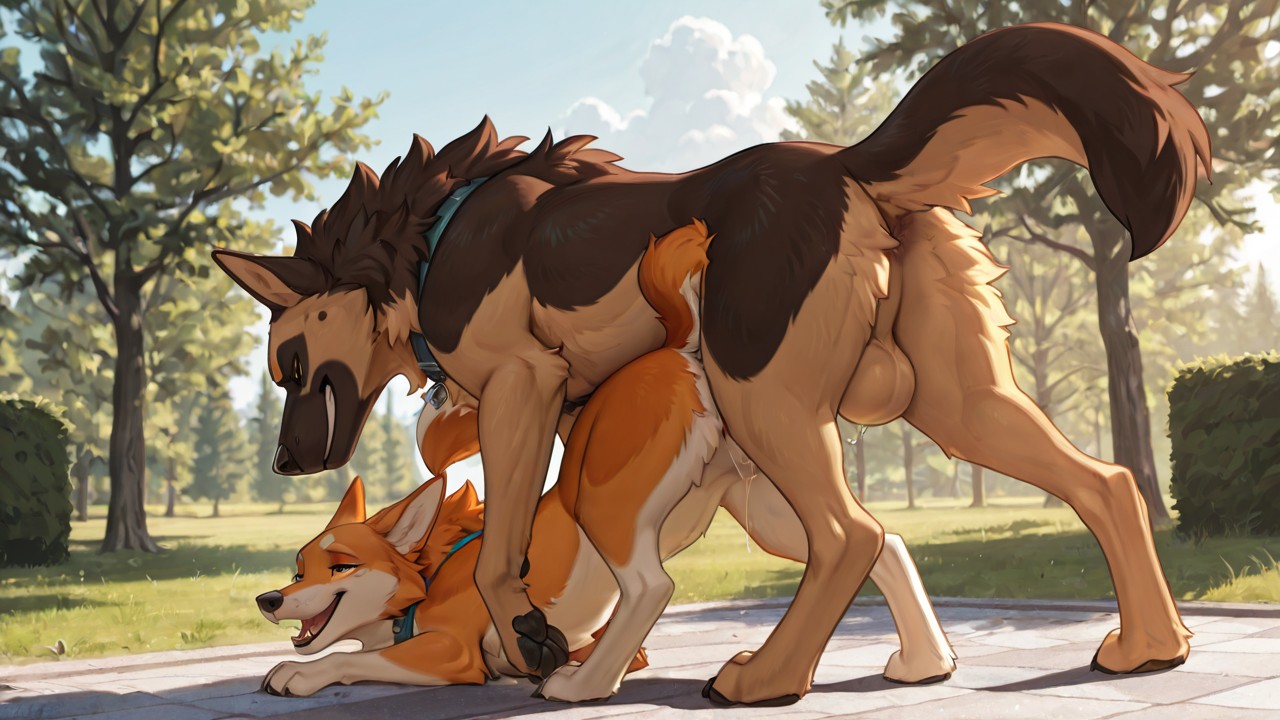 Two Akita and German Shepherd Dogs in a Park