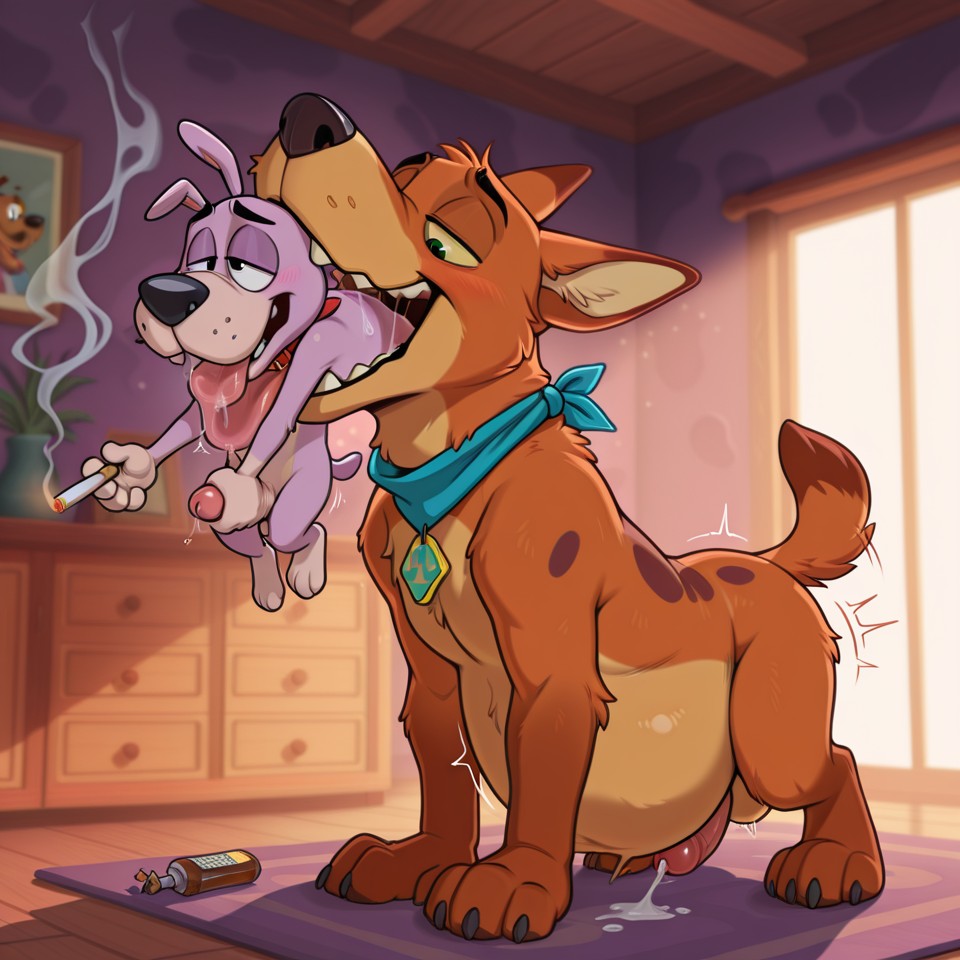 Courage the Cowardly Dog and Scooby-Doo Sharing a Joint in a Dark Room