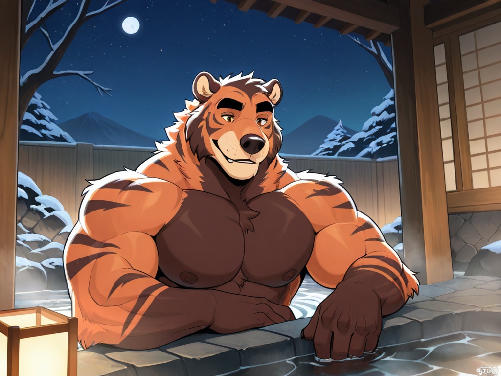 Muscular Tiger and Bear in Hot Spring