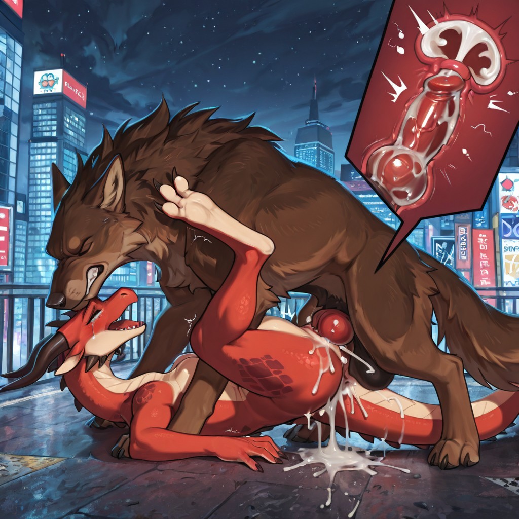 A Brown Wolf and a Black Dragon in a City Setting