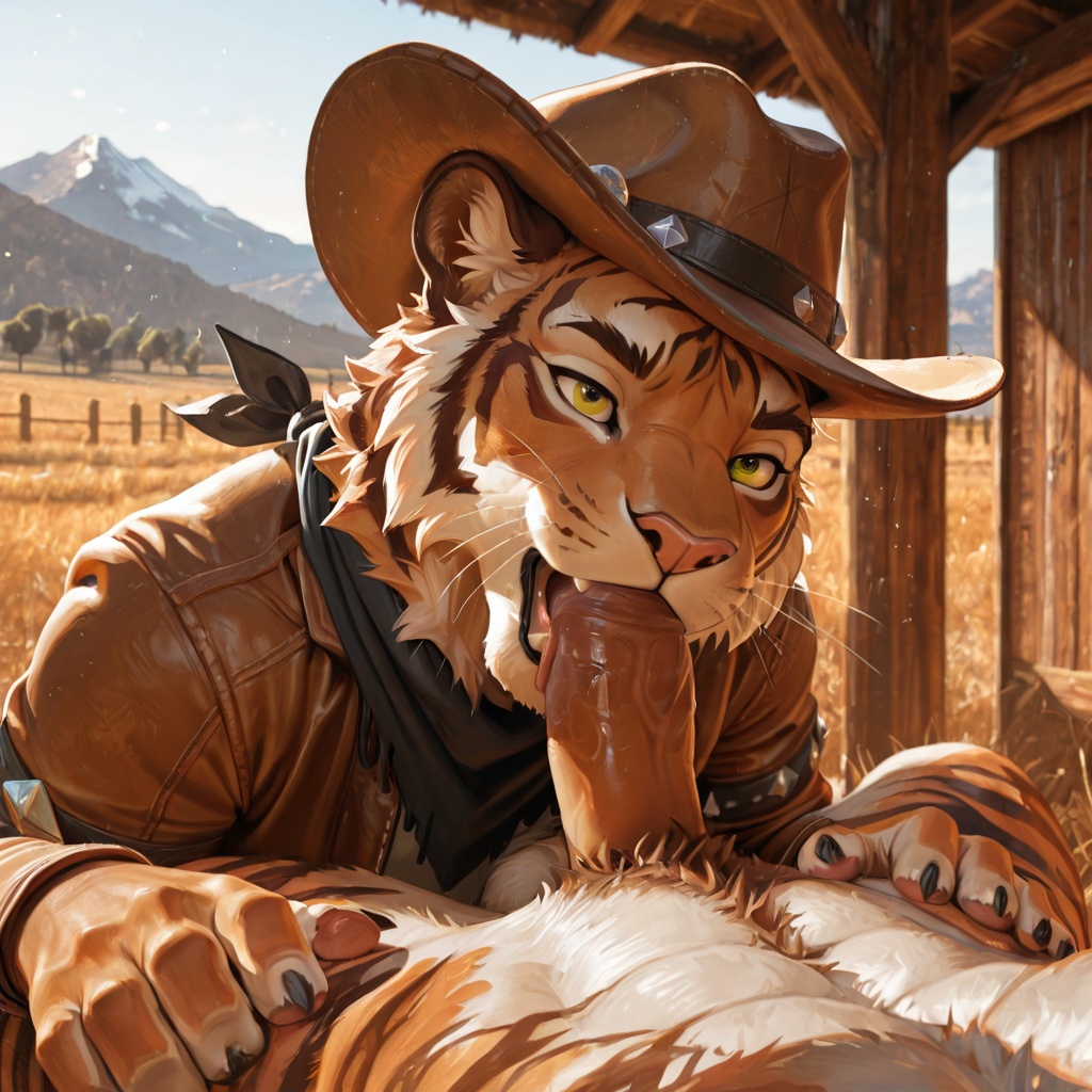 Two Mountain Lions in Cowboy Hats at a Ranch