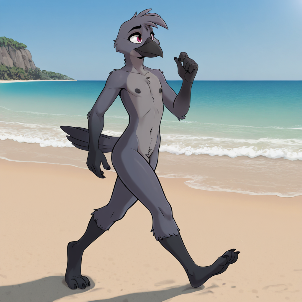 Crow and Male Strolling Beach