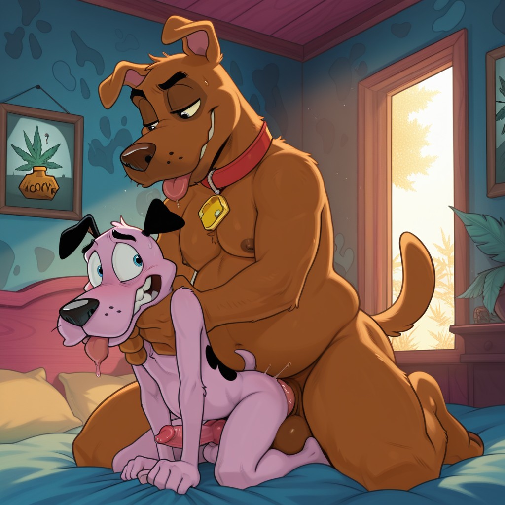 Two Anthropomorphic Dogs Embracing in a Moonlit Meadow