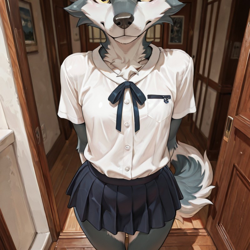 Timid Wolf Pup in White Shirt and Skirt