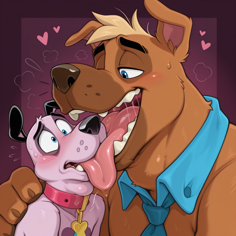 Two Anthro Dogs Embrace in a Romantic Moonlit Meadow