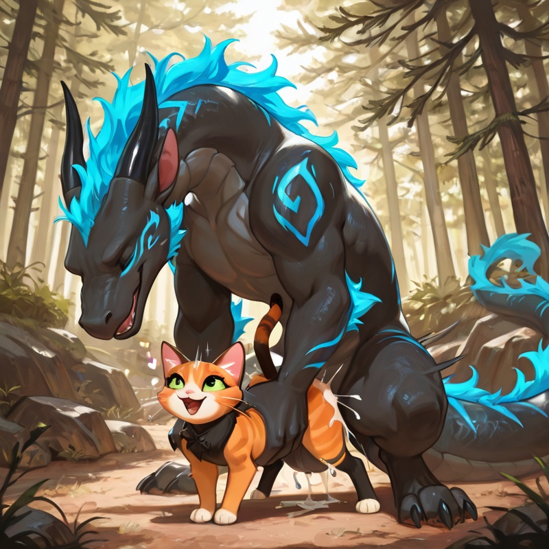 Intimate Dragon and Cat Embrace