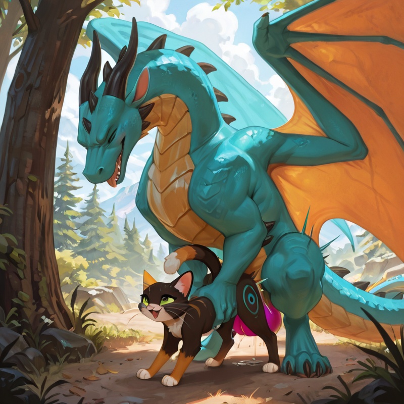 Intimate Dragon and Cat Embrace