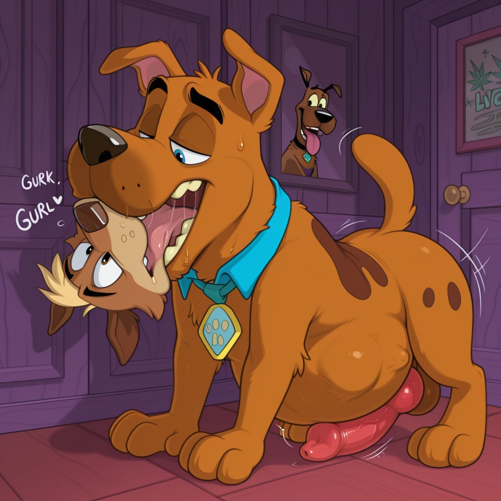 Two Anthro Dogs Embrace in a Rainbow-Colored Setting