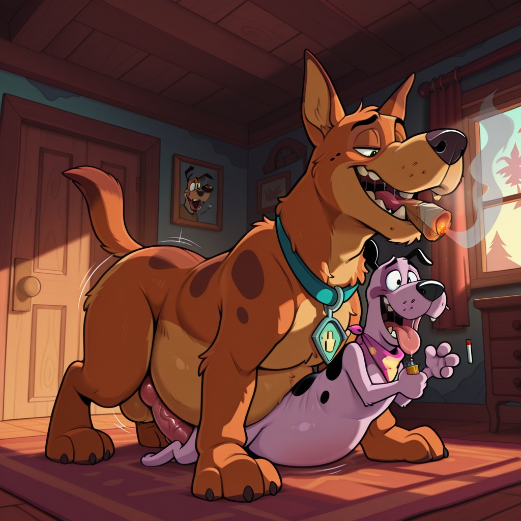 Courage the Cowardly Dog and Scooby Doo Sharing a Joint in a Cartoon Kitchen