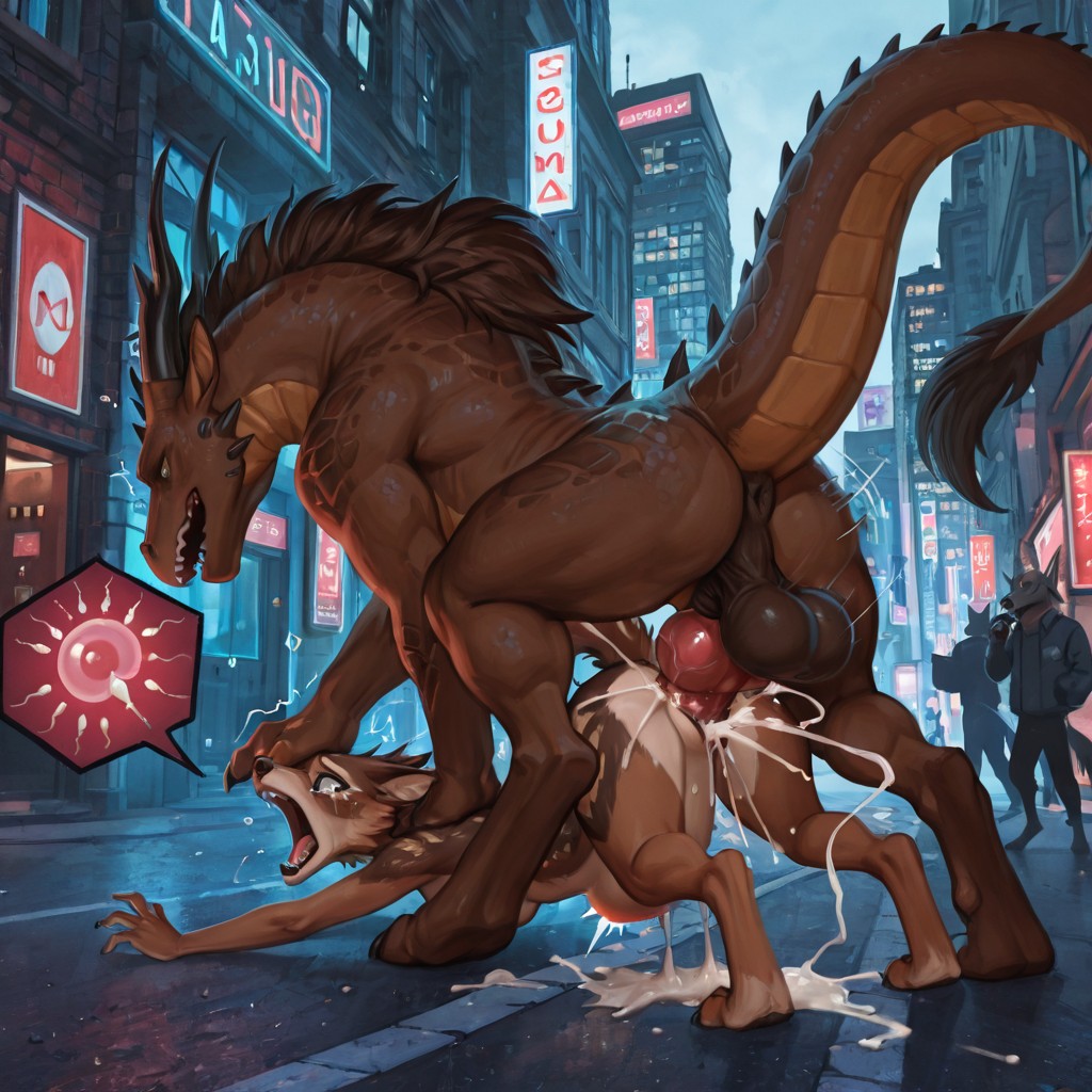 Brown Wolf and Black Dragon in a City Street Dominant Feral