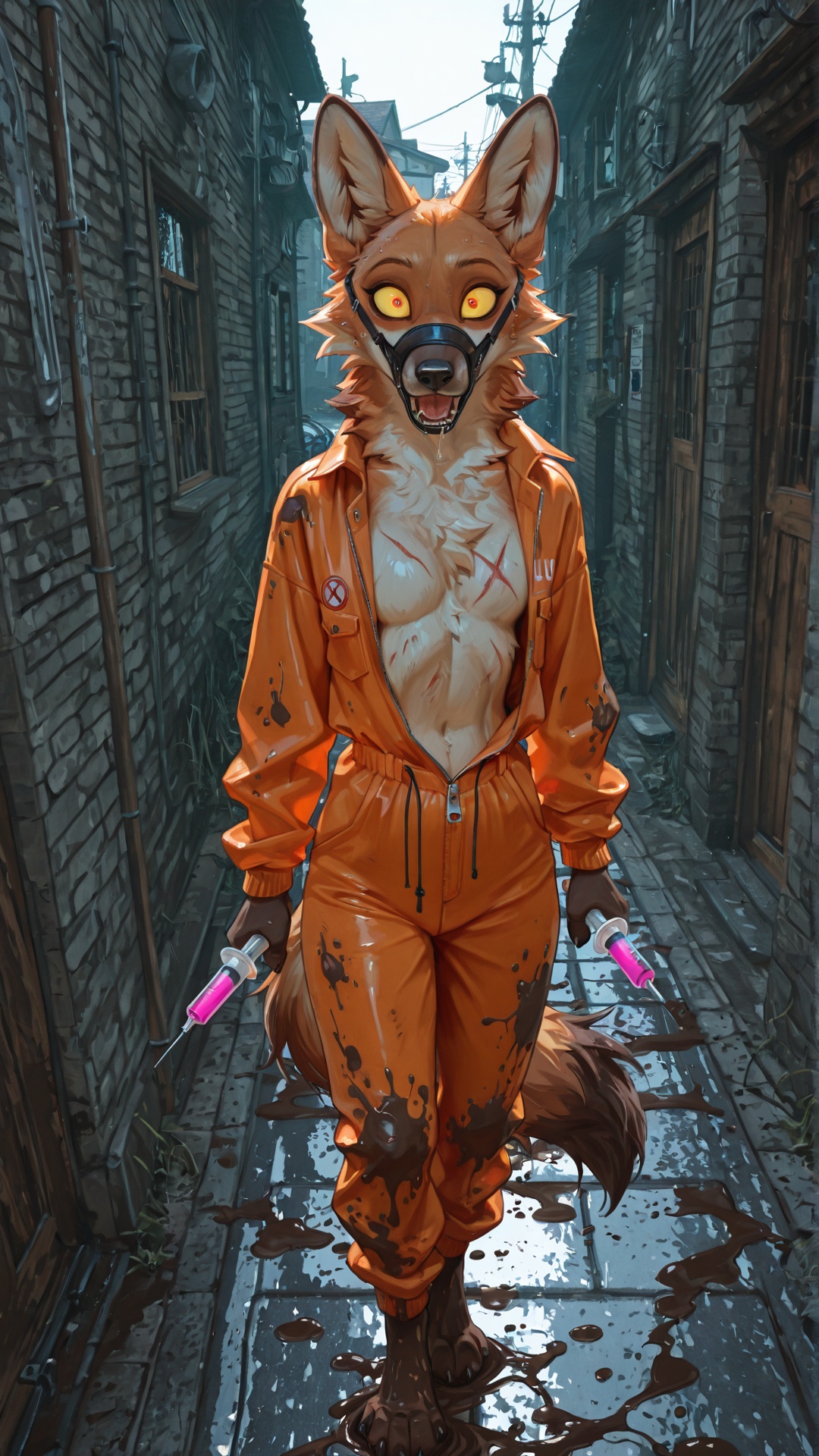 Maned Wolf in Tattered Prison Jumpsuit on Sidewalk