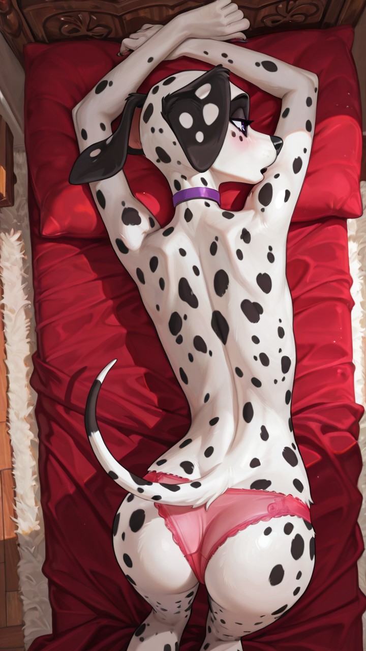 Dalmatian Anthro Laying Prone On Bed