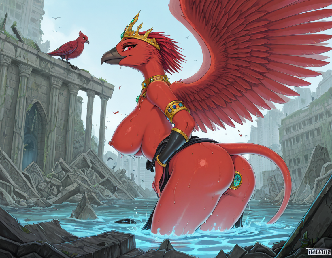 Celestial Avian Deity in Ruined City