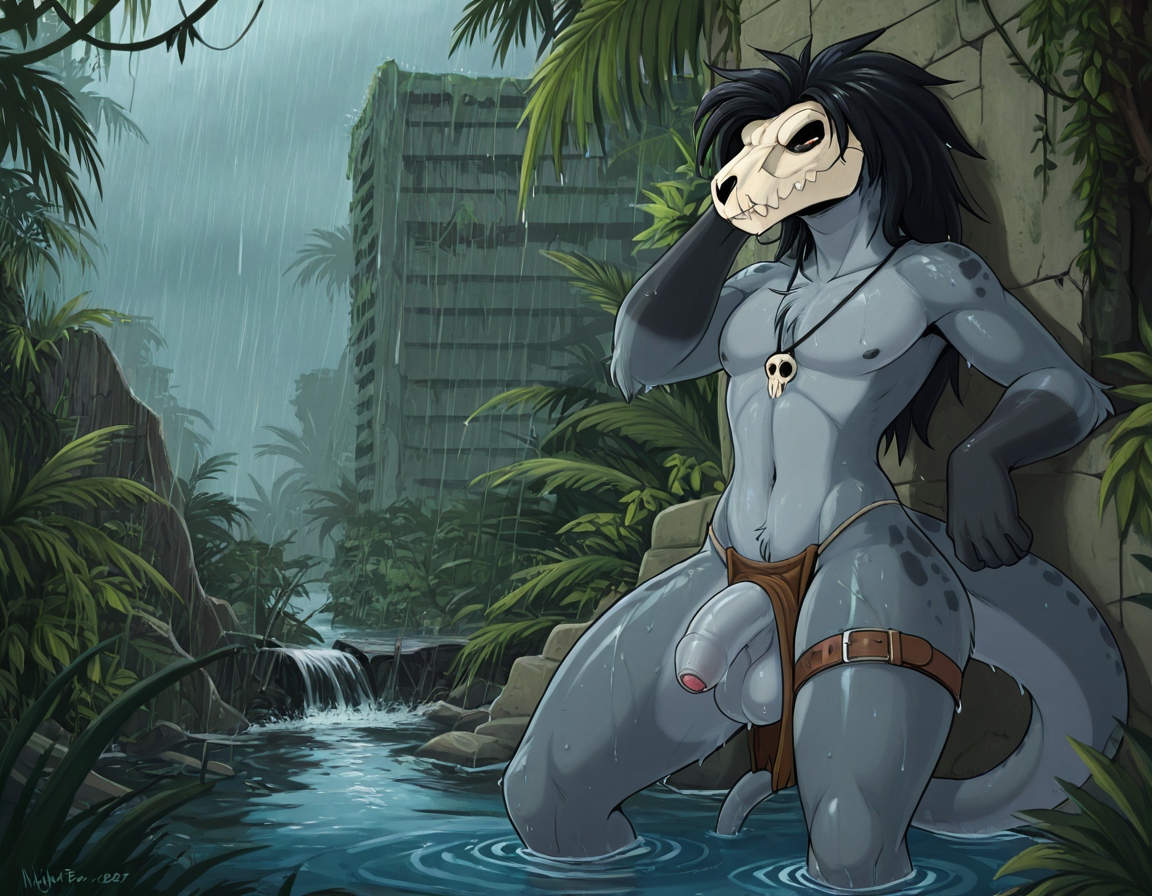 Raptor Dinosaur Warrior in Rainy Jungle