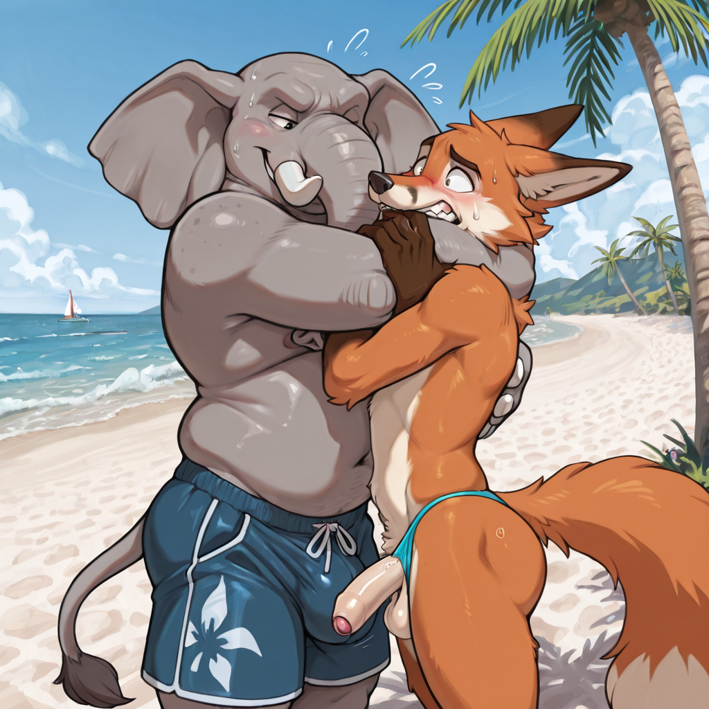 Male Fox and Elephant on Beach