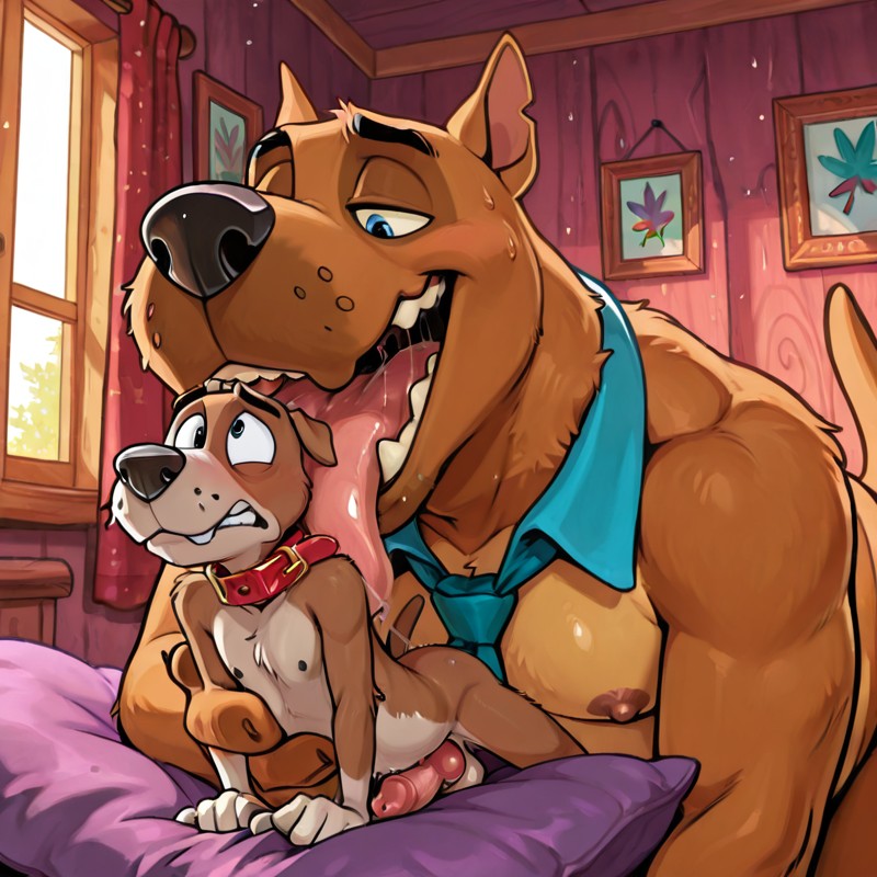 Two Canine Characters in a Romantic Embrace