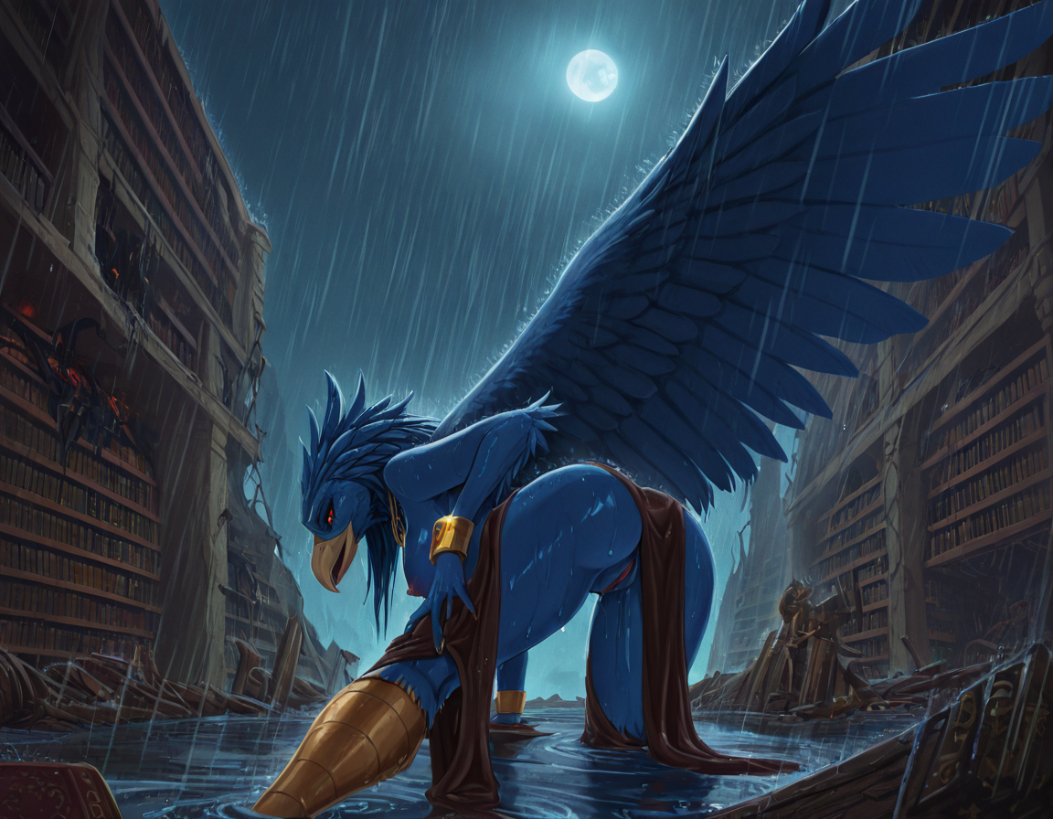Daemonic Avian Sorceress in Rainy Ruins