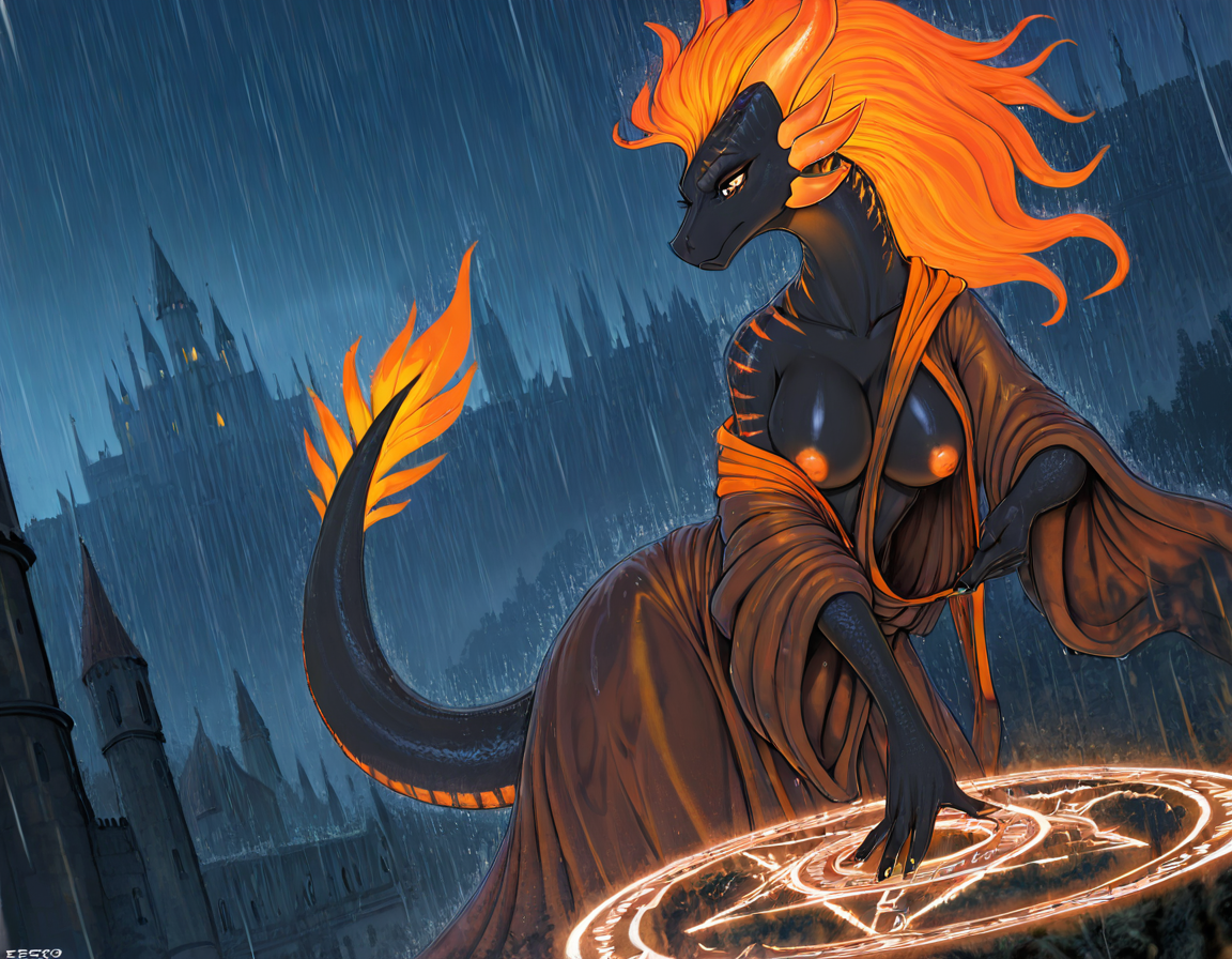 Majestic Dragon Queen in Rainy Castle