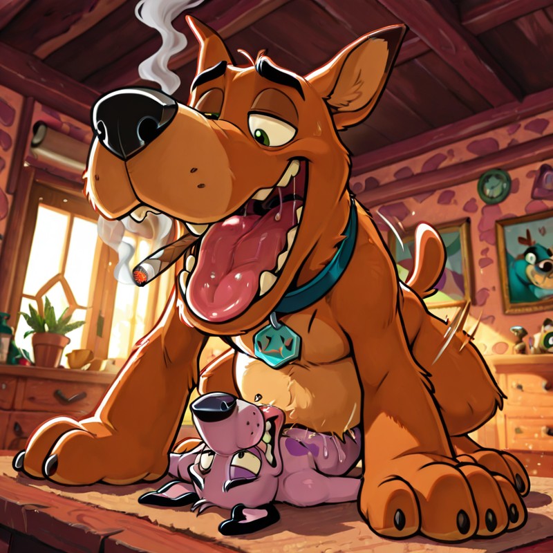 Courage and Scooby Sharing a Relaxing Smoke Under Moonlight