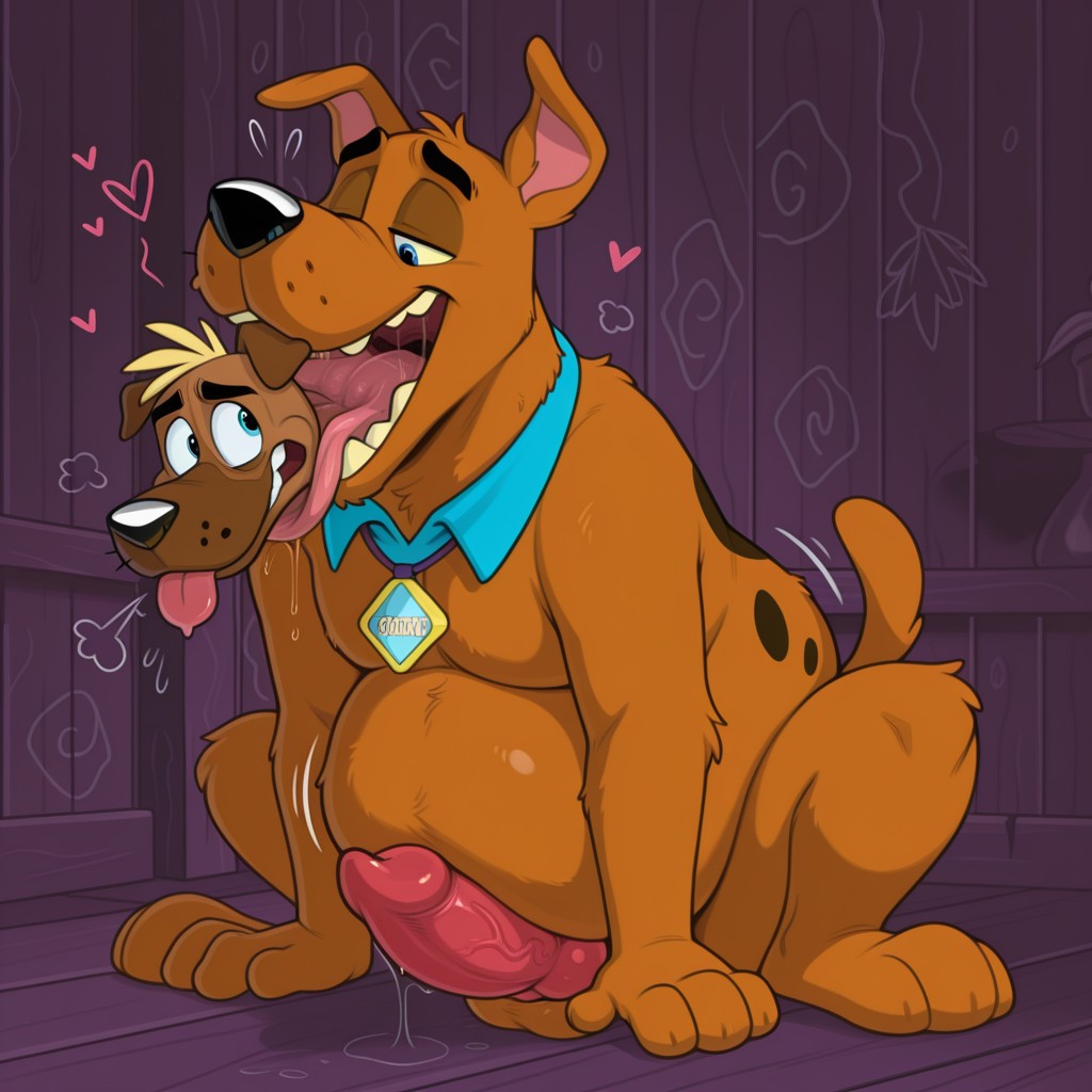 Two Cartoon Dogs Embracing in a Rainbow Meadow Solo