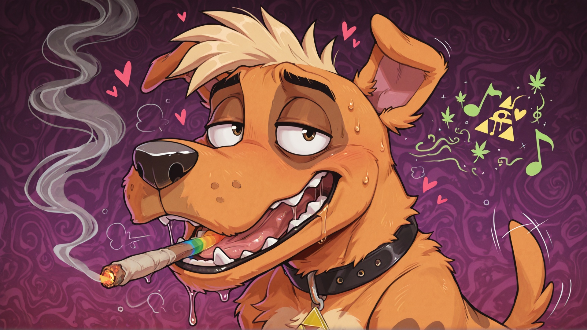 Stoned Furry Character in Neon Swirls