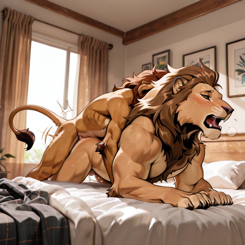 Two Lions Resting in a Sunlit Bedroom