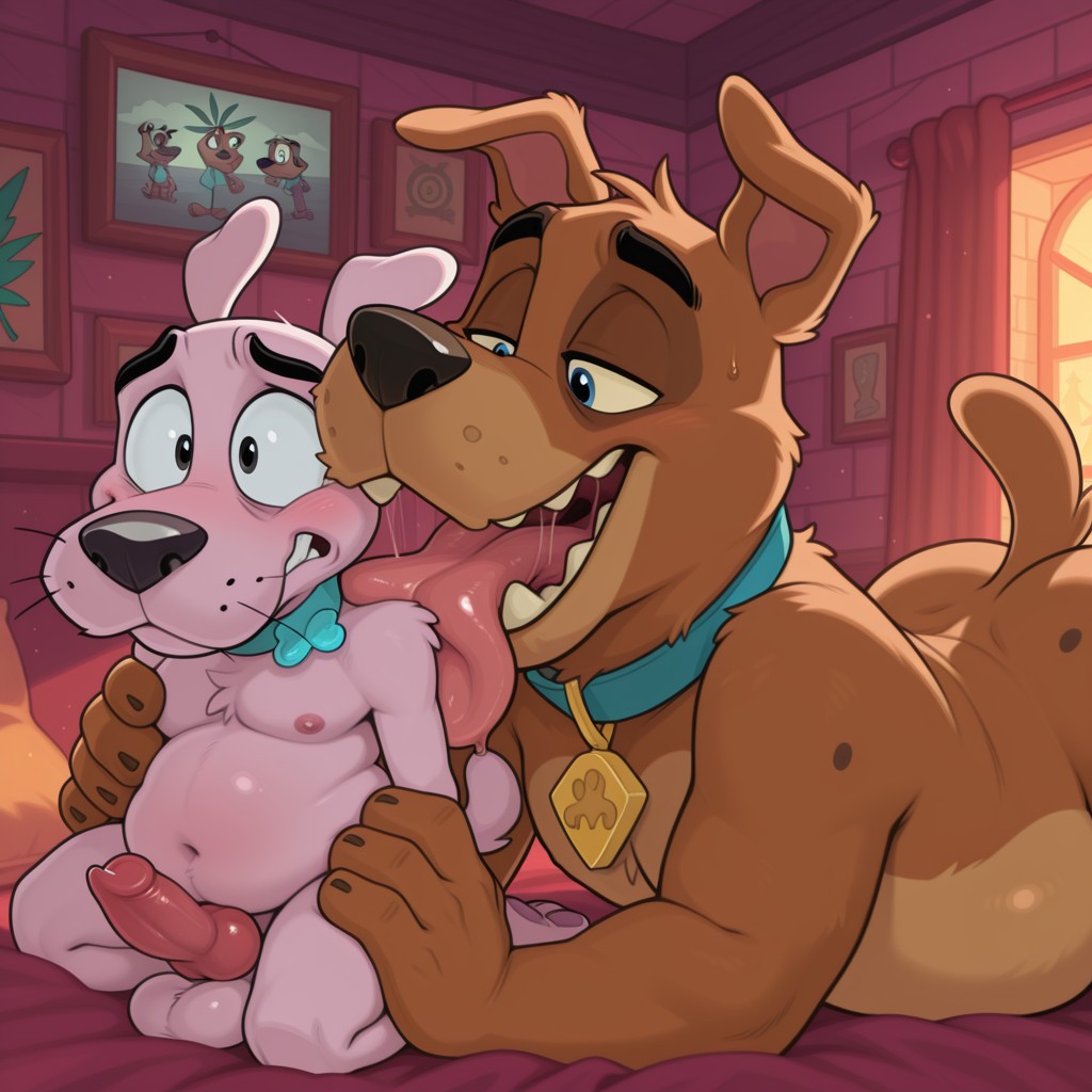 Two Blonde Anthro Dogs Kissing in a Cozy Den