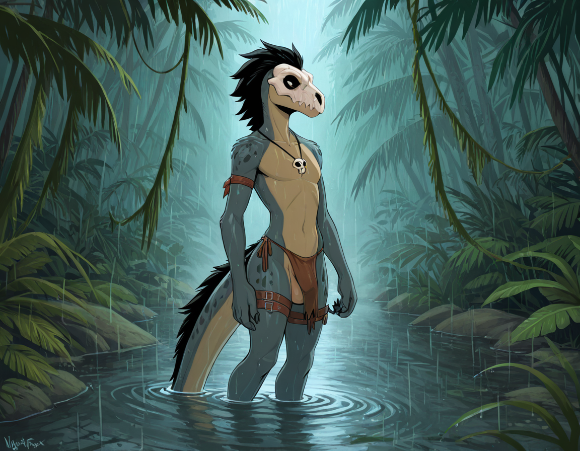 Dinosaur Warrior in Rainy Jungle