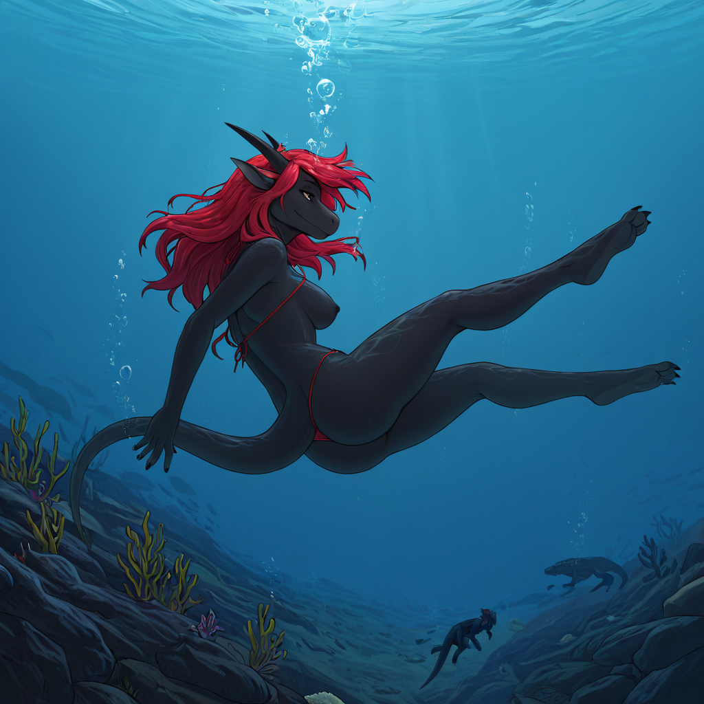 Dark Scaled Dragoness Sinking Beneath Waves