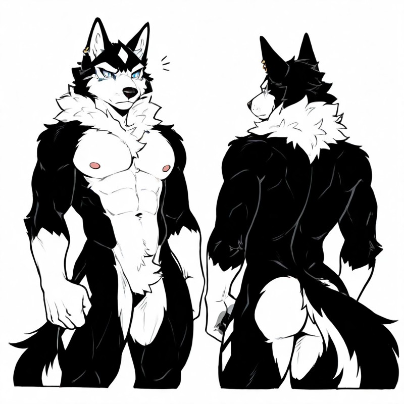 Husky Malamute Anthro Character Reference Sheet in Two Views