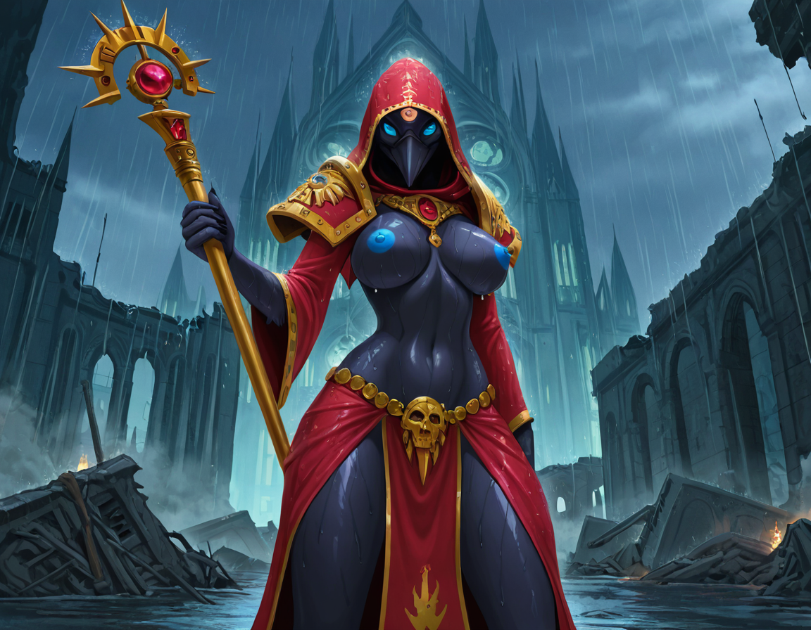 Tzeentchian Sorceress in Ruined Cathedral