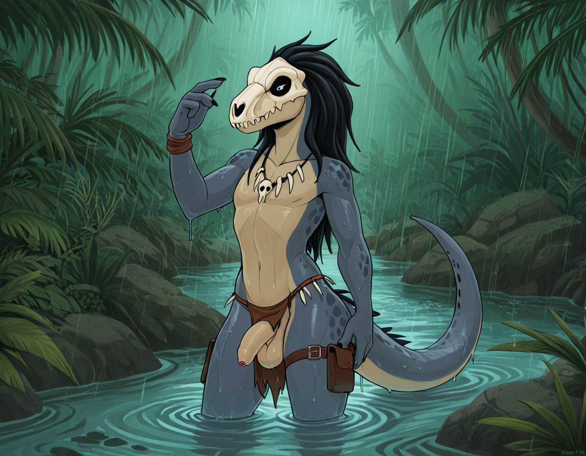 Raptor Dinosaur in Rainy Jungle