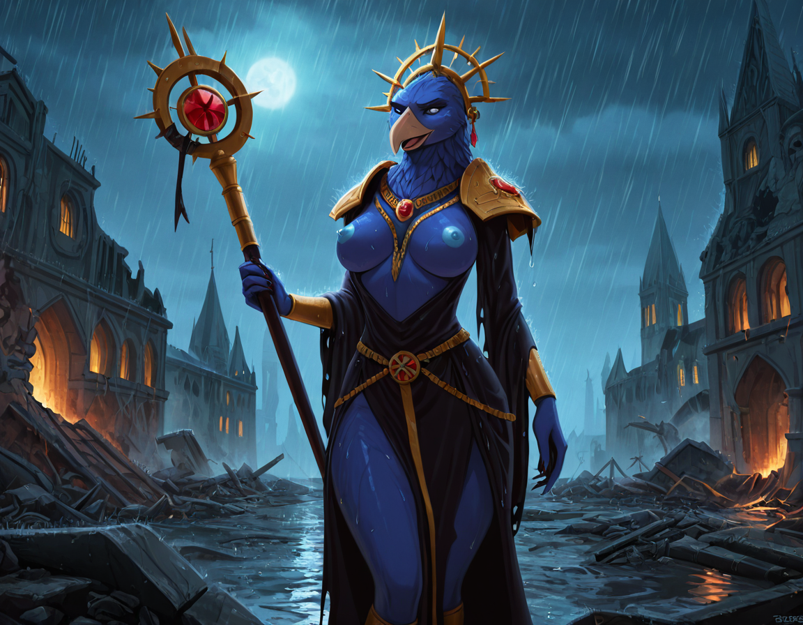 Daemonic Avian Sorceress in Rainy Ruins