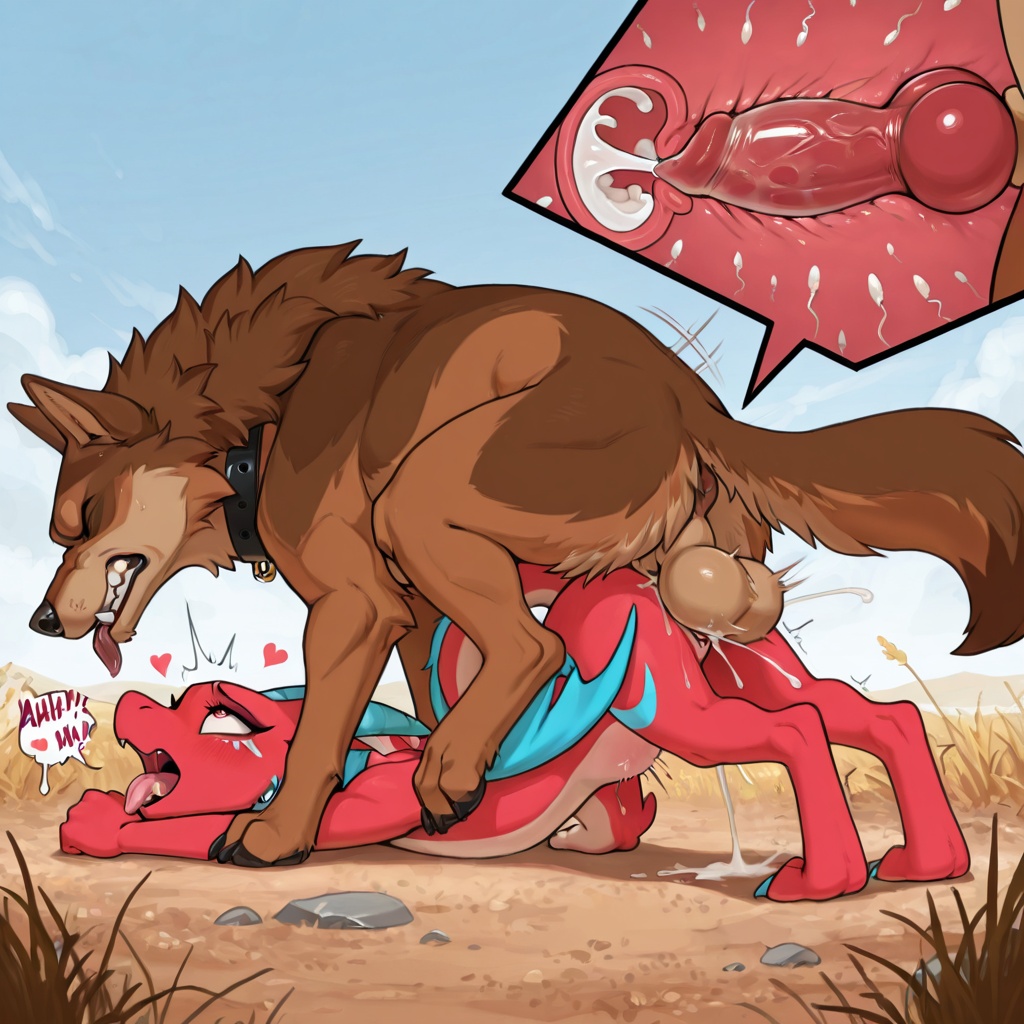 Furred Red Dragon Mating with Wolf