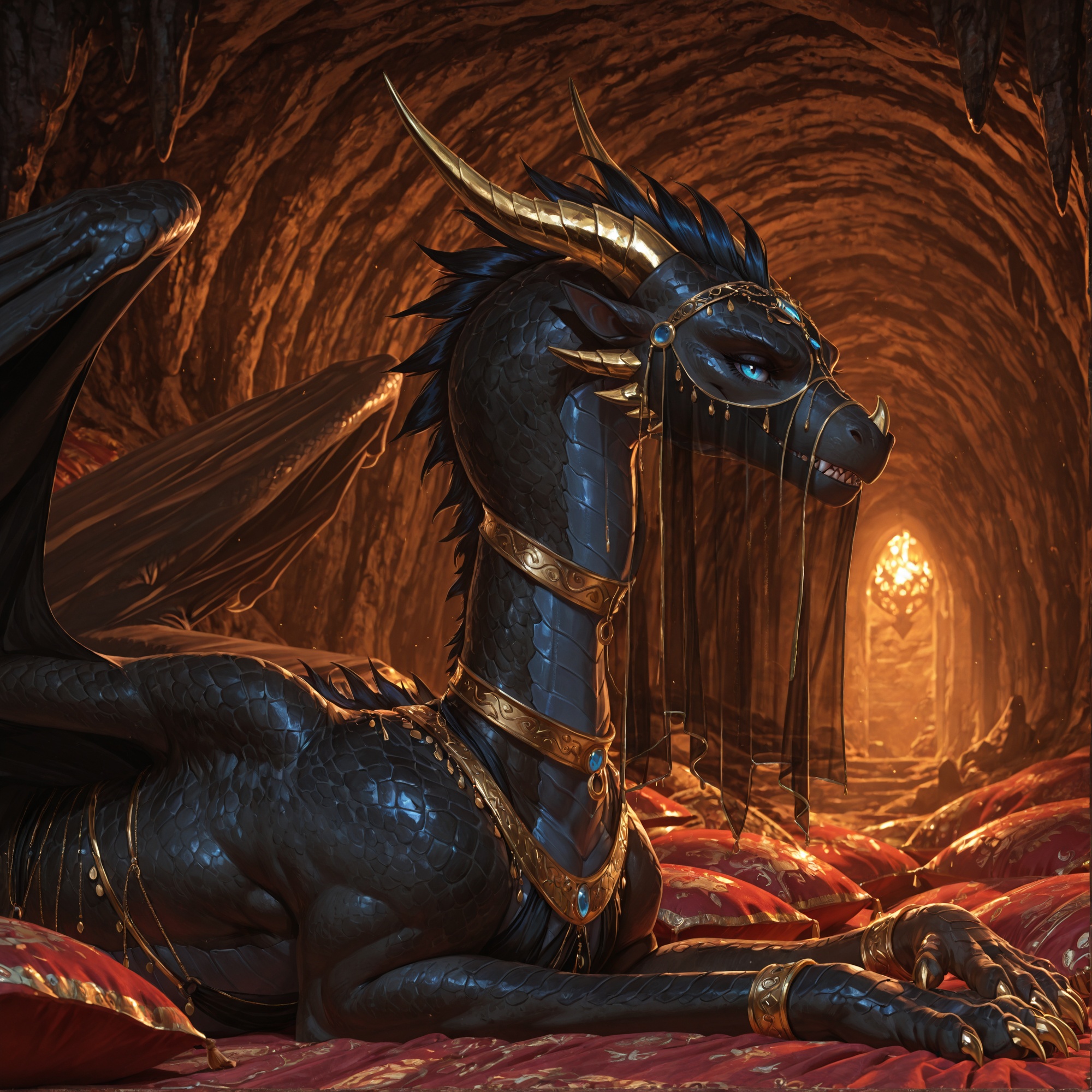 Feral Dragon Seductively Lounging on Pillows