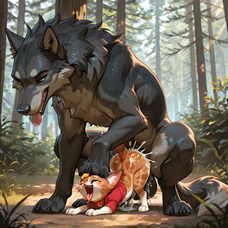 Wolf and Cat Intimate Moment