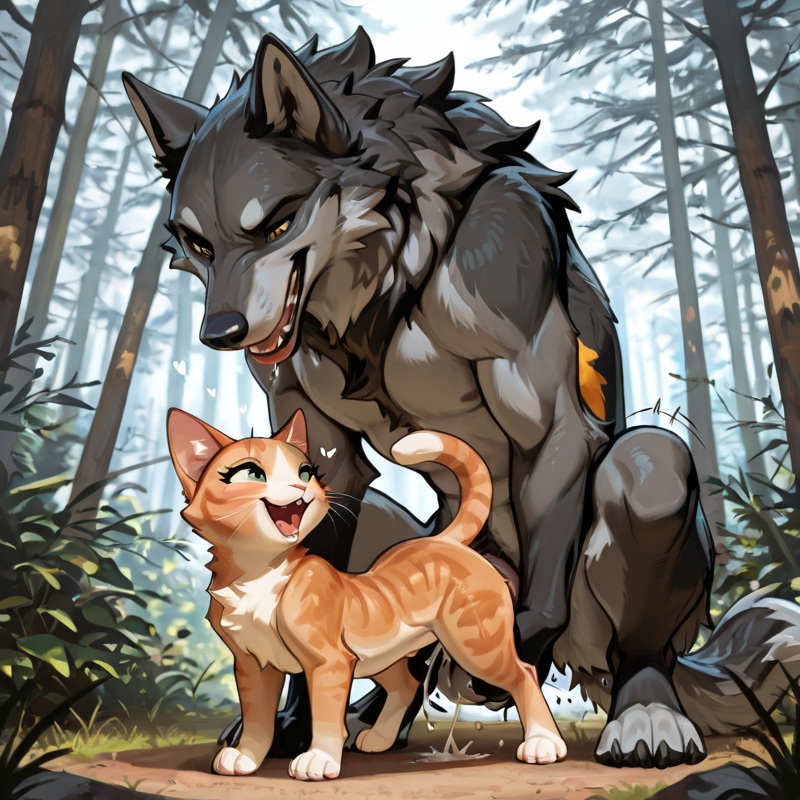 Wolf and Cat Mating Passionately
