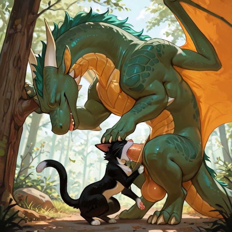 Intimate Dragon and Feline Embrace