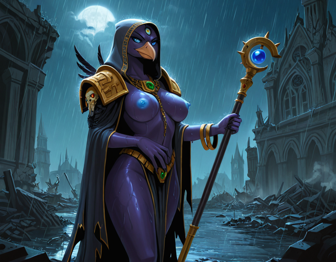 Majestic Avian Sorceress in Ruined Cathedral