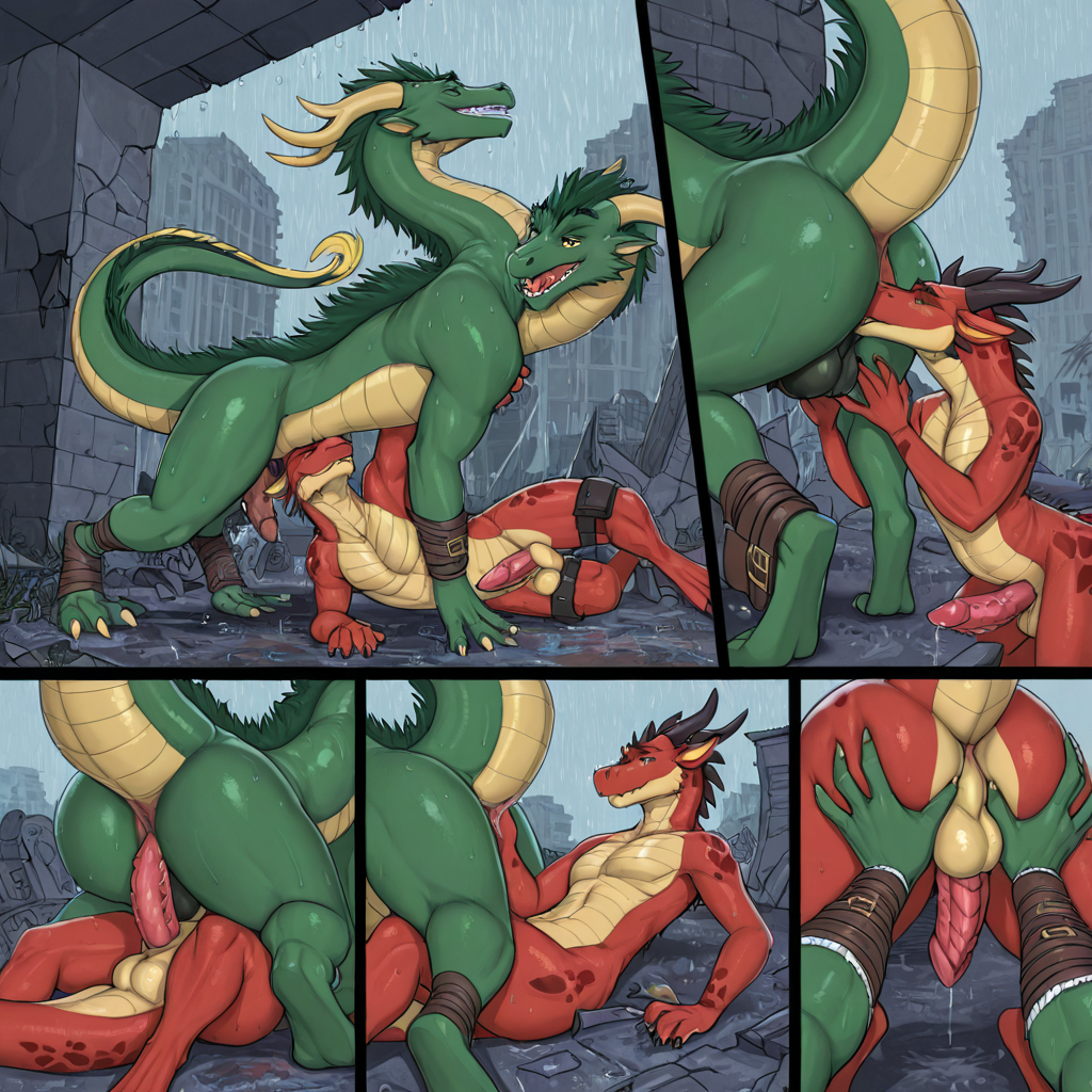 Playful Dragon Duo in Rainy Ruins
