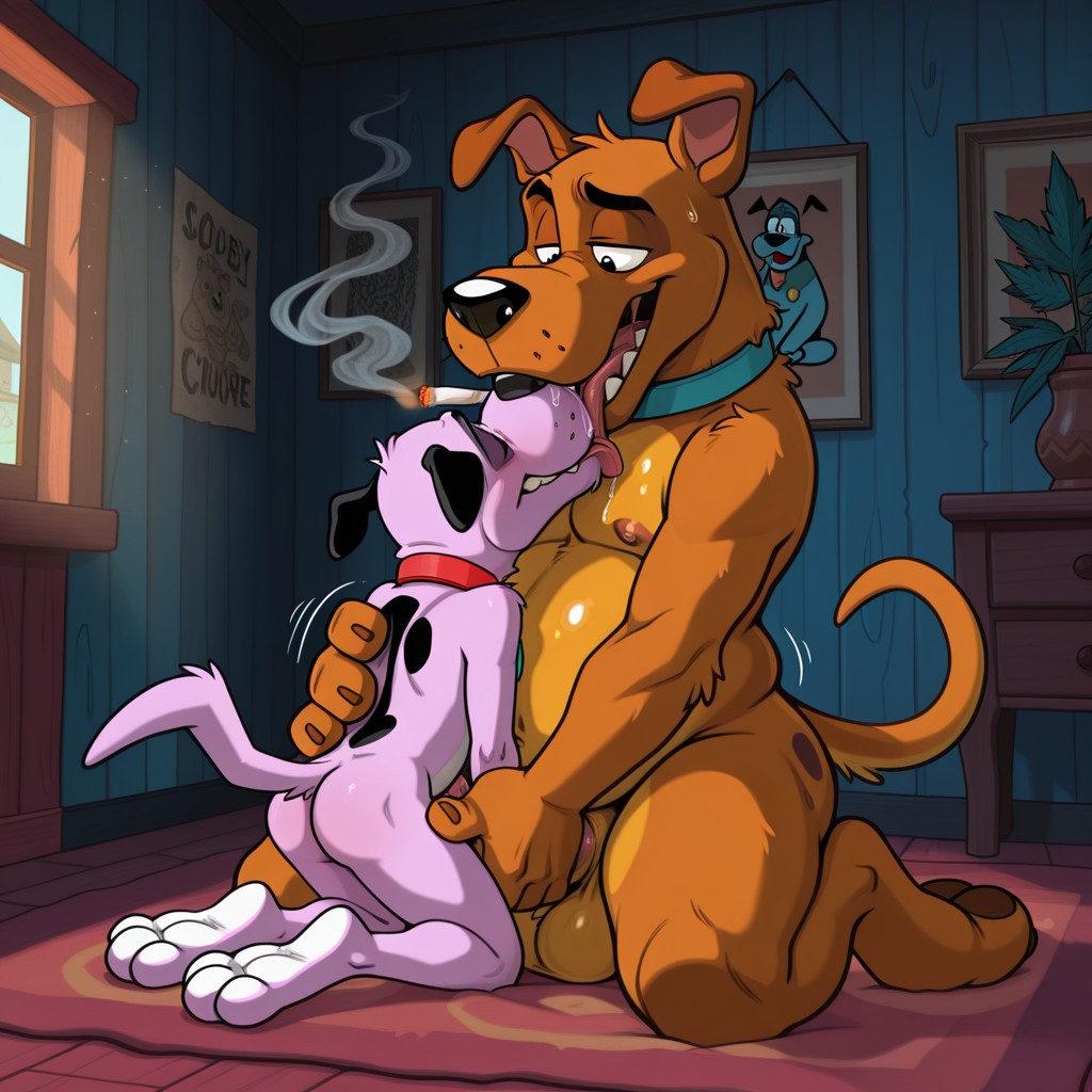 Scooby and Courage in a Cozy 90s Cartoon Scene