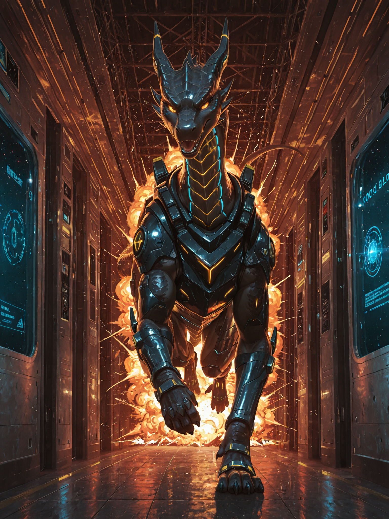 Ferocious Dragon Charging Through Futuristic Hallway