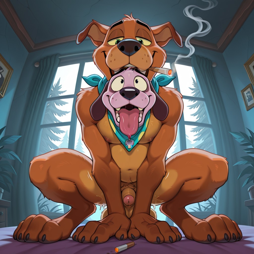 Courage and Scooby Relaxing in a Hazy Living Room