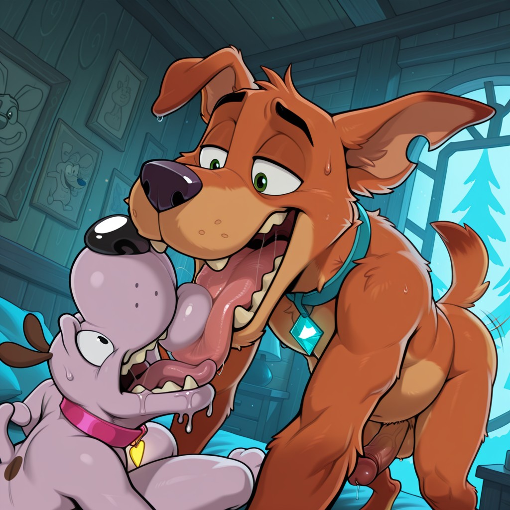 Two Anthro Dogs Cuddling in a Glowing Neon Room