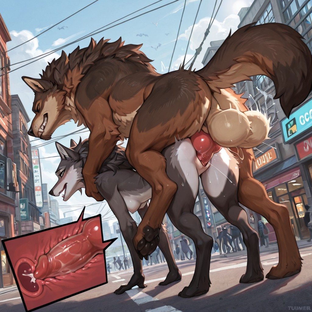 A Wolf Mounts a Dragon in a City Street