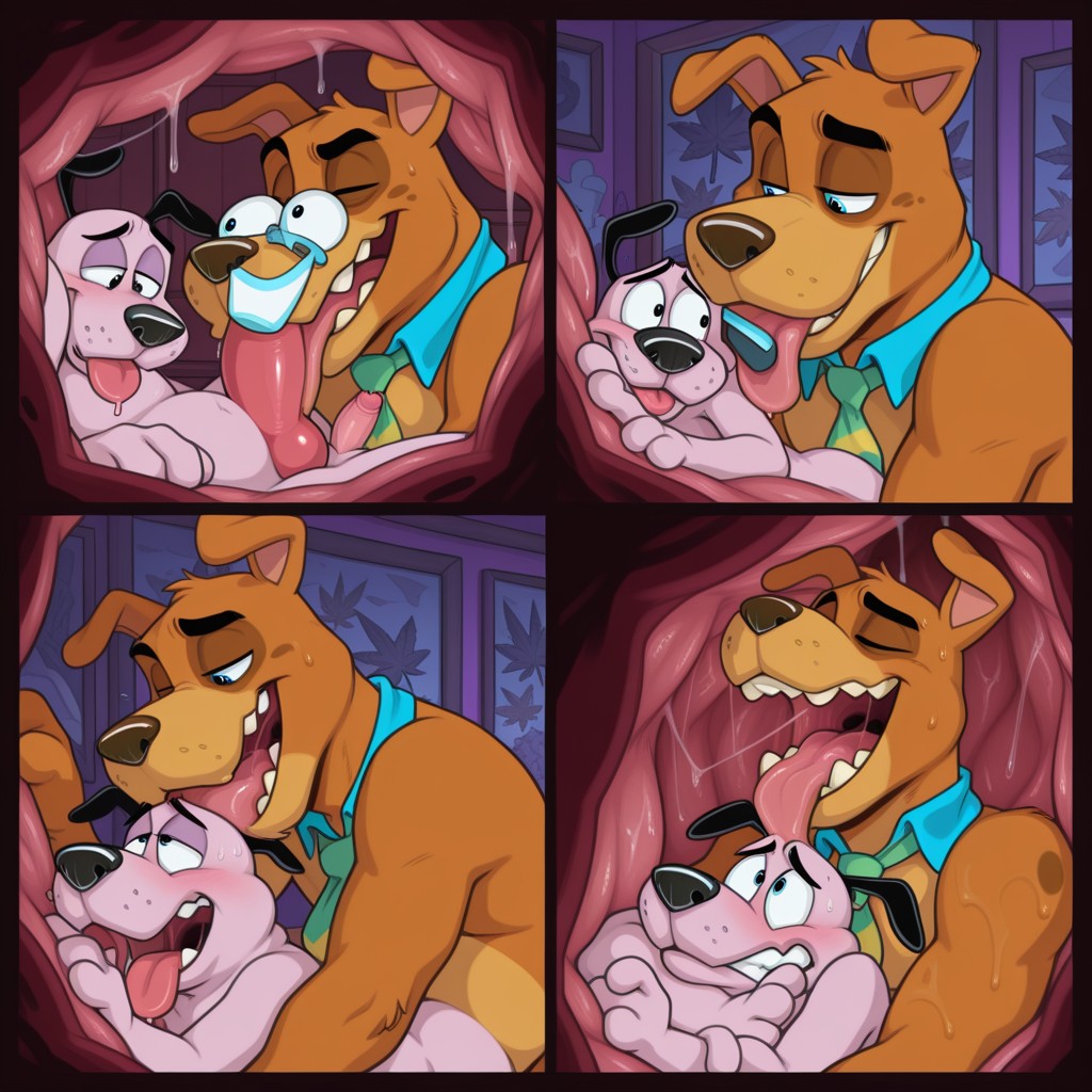 Two Anthro Dogs Embrace in a Rainbow Meadow Marijuana