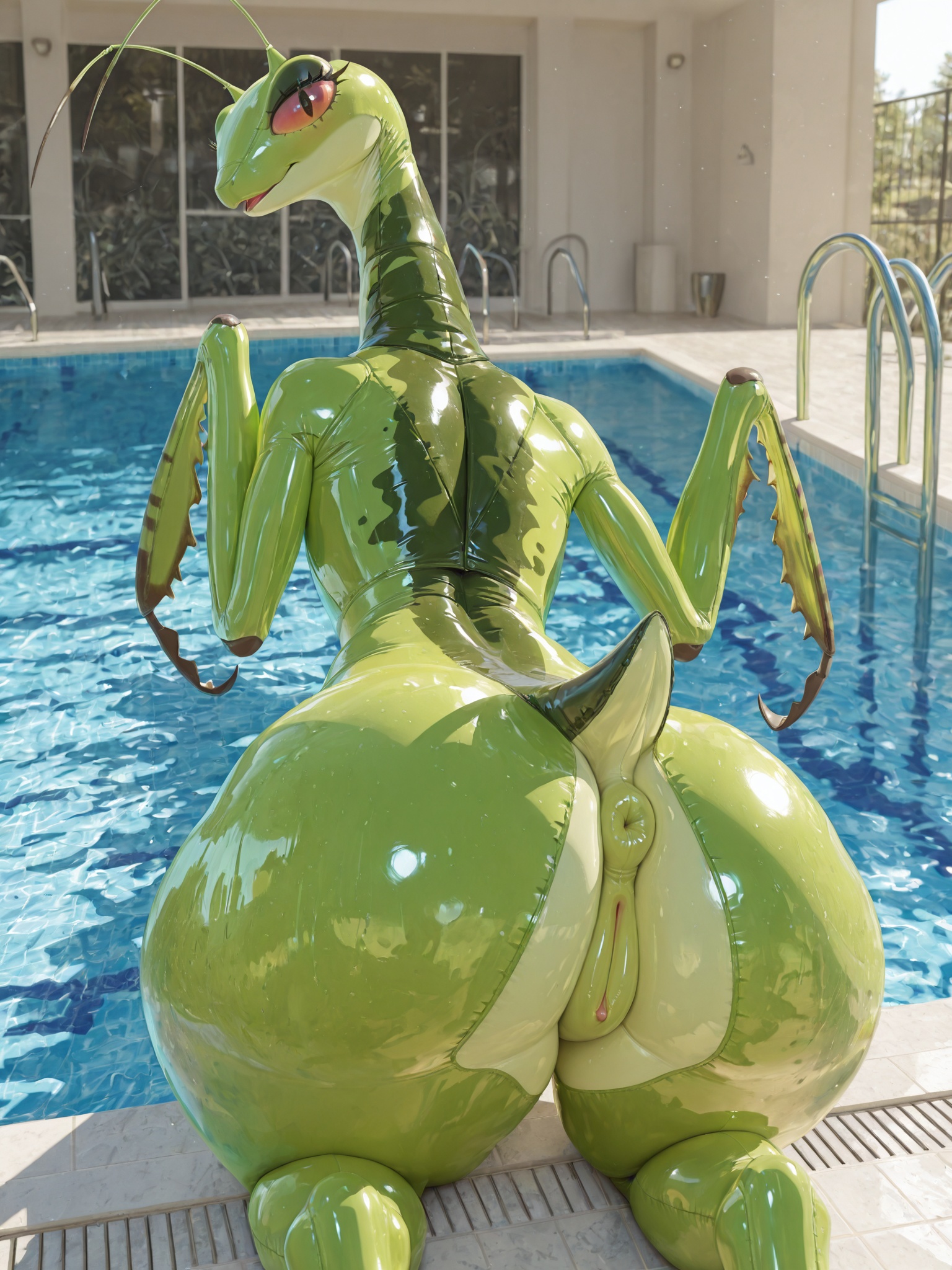 Lime-Green Mantis Inflatable Lounging by Pool