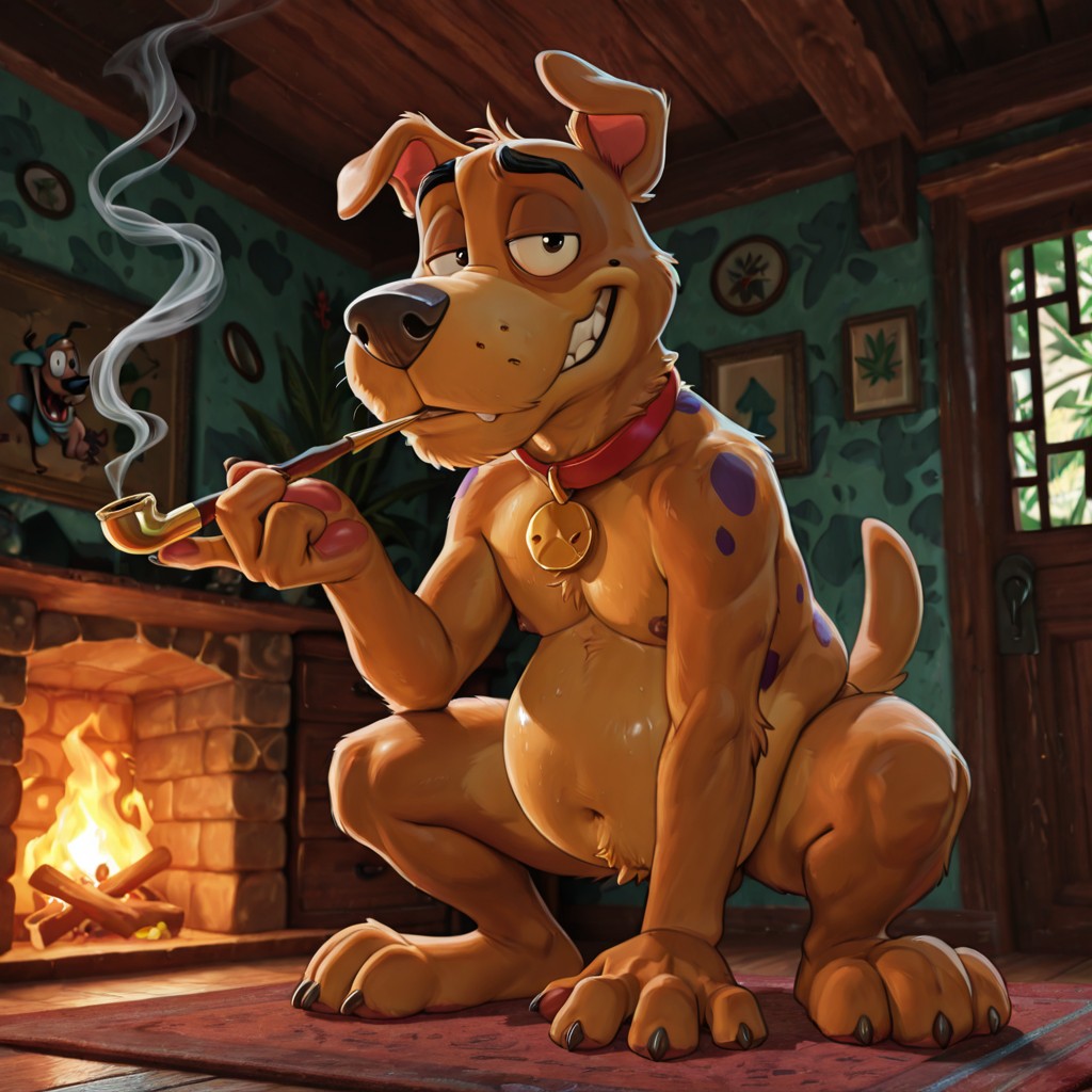 Pink Anthro Dog Smoking a Pipe in Moonlight