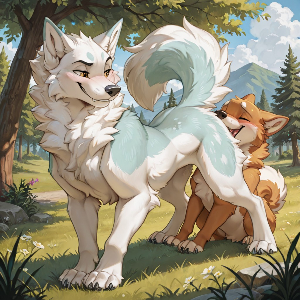 Two White Canids in a Sunny Park